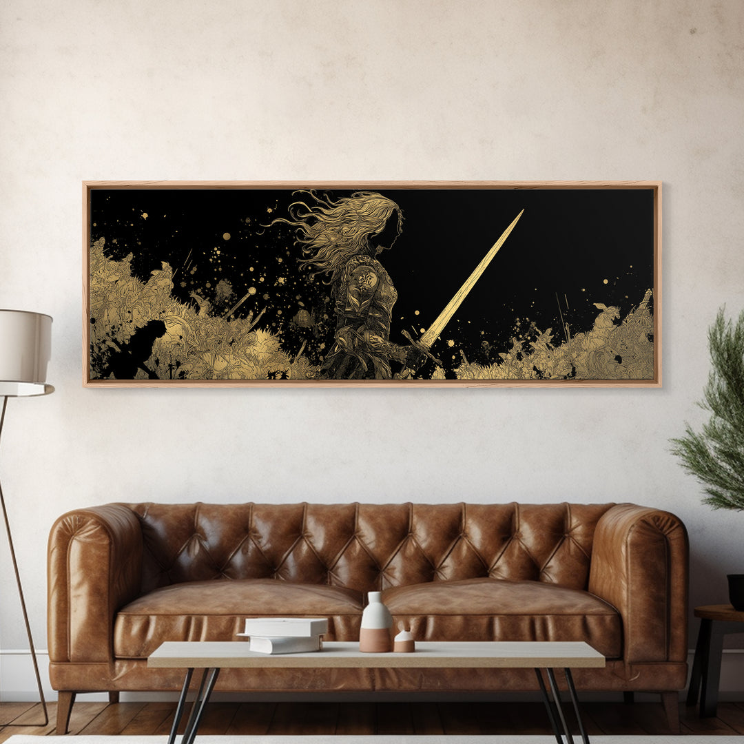Hervor Warrior Canvas Gold Art, Viking Shieldmaiden Canvas Art, Nordic Mythology Office Decor, Natural Wood Frame Gift