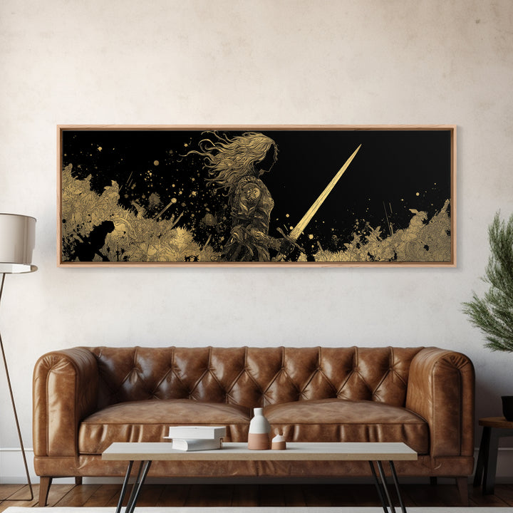 Hervor Warrior Canvas Gold Art, Viking Shieldmaiden Canvas Art, Nordic Mythology Office Decor, Natural Wood Frame Gift