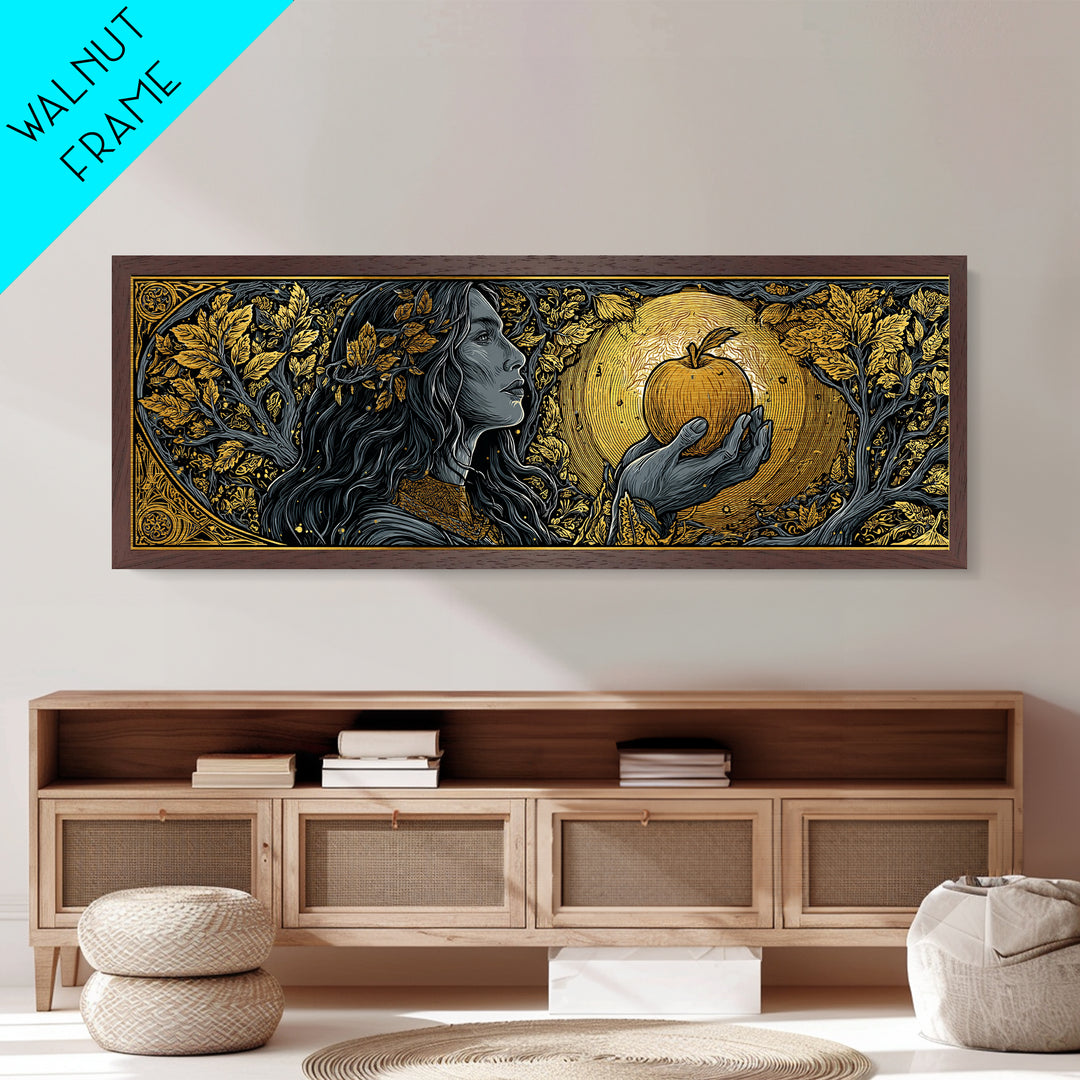 Idunn with Golden Apple Metallic Gold Art, Norse Mythology Goddess Metal Art, Nordic Office Wall Decor, Real Wood Frame