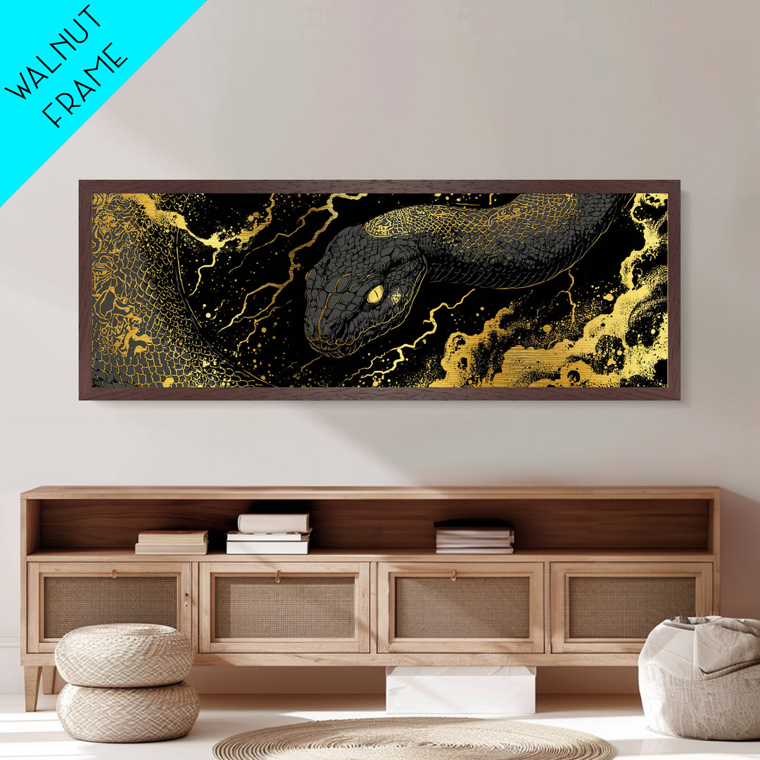 Jormungandr Serpent Metallic Gold Art, Norse Mythology Metal Art, Viking Decor for Men’s Office or Man Cave, Real Wood Frame
