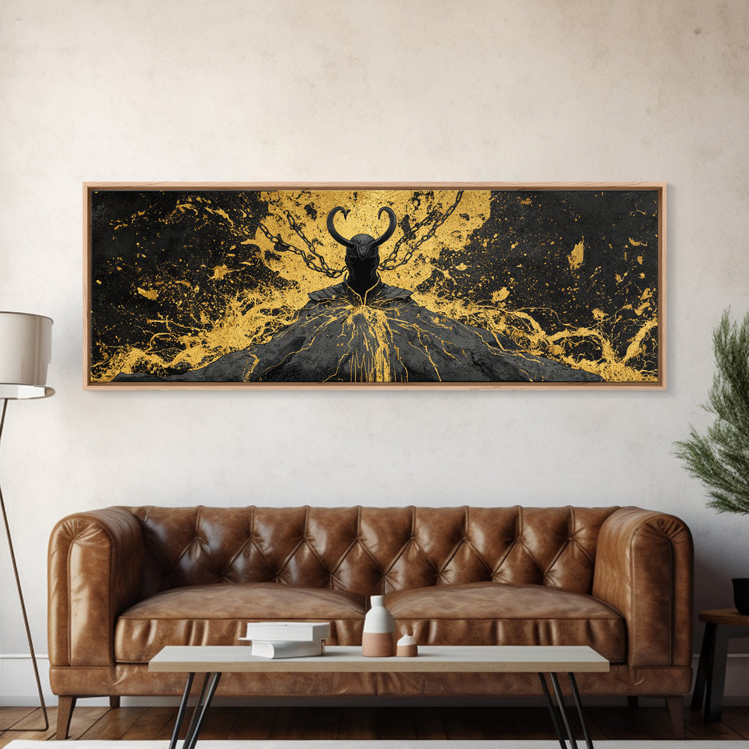 Loki God of Mischief Canvas Gold Art, Norse Mythology Canvas Art, Nordic Wall Decor for Man Cave or Office, Real Wood Frame