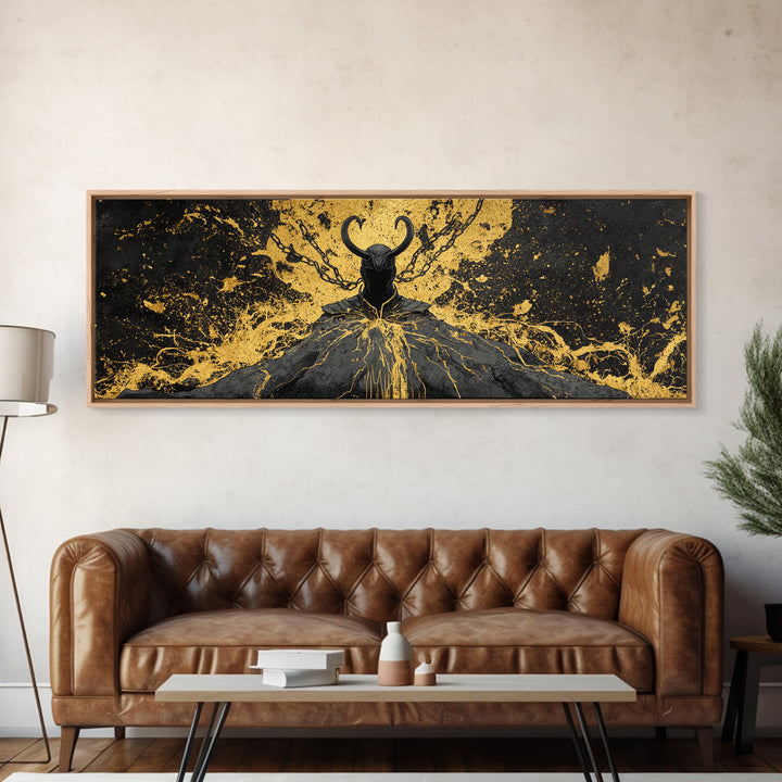 Loki God of Mischief Canvas Gold Art, Norse Mythology Canvas Art, Nordic Wall Decor for Man Cave or Office, Real Wood Frame