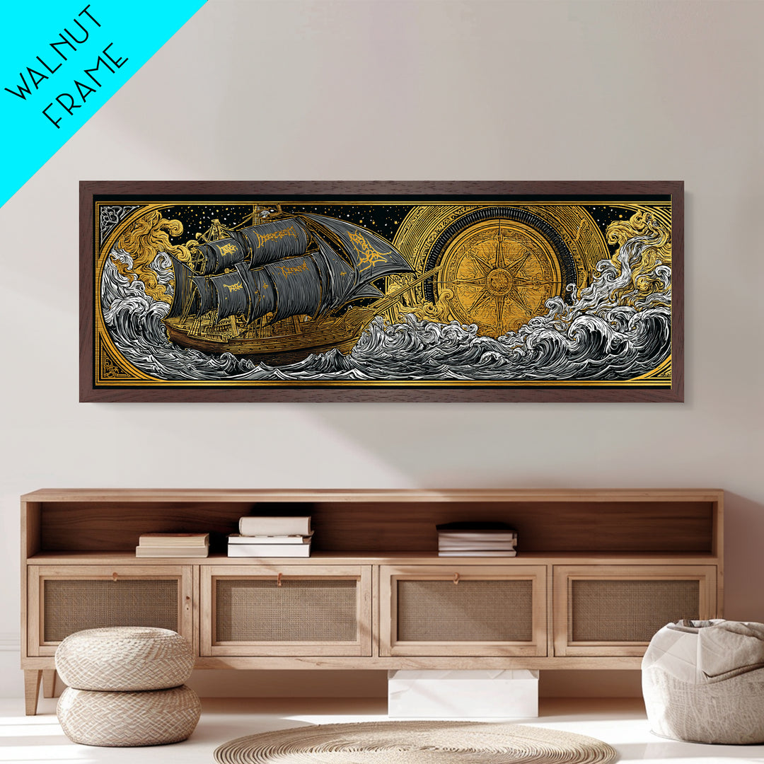 Nordic Naglfar Metallic Gold Art Metal Art – Viking Ship at Sea, Norse Mythology Wall Decor Dad Gift, framed in genuine wood