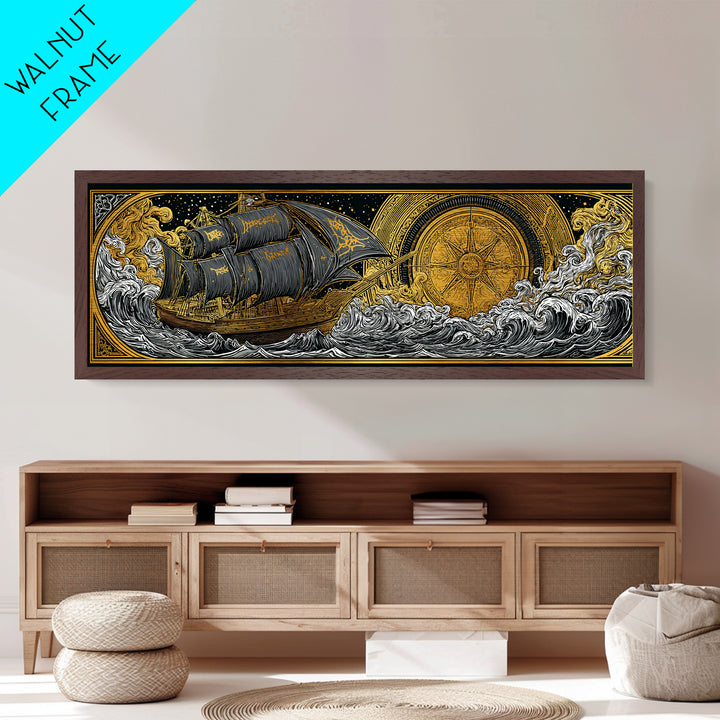 Nordic Naglfar Metallic Gold Art Metal Art – Viking Ship at Sea, Norse Mythology Wall Decor Dad Gift, framed in genuine wood