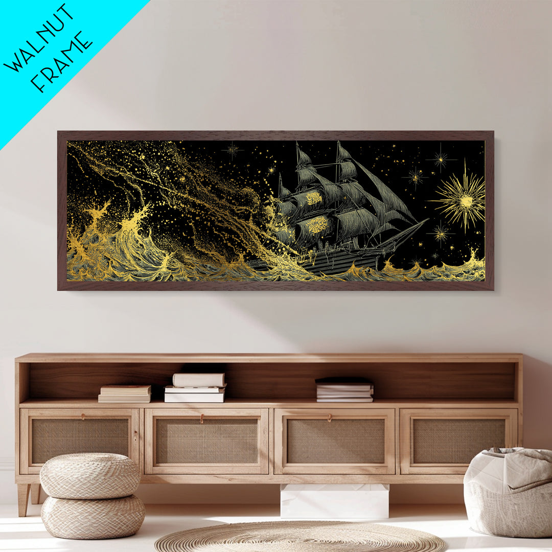 Naglfar Ship Metal Art Metallic Gold Art – Viking Longship Norse Mythology Office Decor Man Cave Wall Hanging, real wood frame