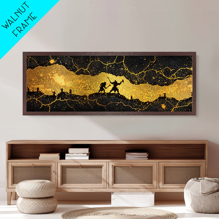 Nidavellir Dwarven Forge Metallic Gold Art Metal Art – Norse Mythology Nordic Decor, Office Wall Hanging, real wood frame included