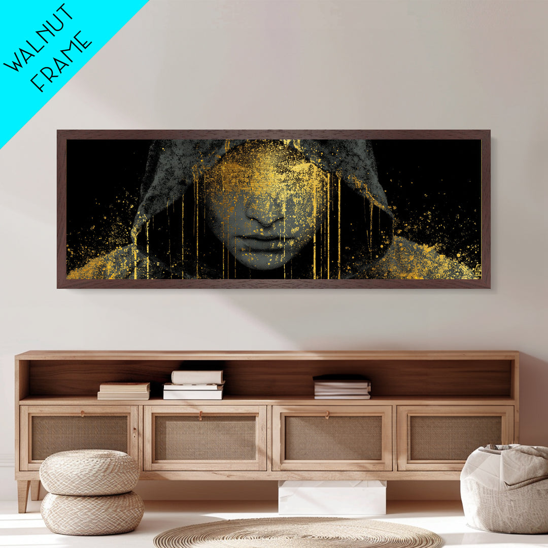 Norse Crown Metallic Gold Art Metal Art – Nordic Royalty Symbol Mythology Wall Hanging for Office or Man Cave, framed with real wood