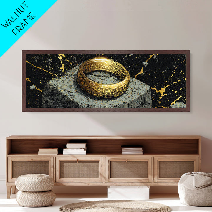 Norse Ring Metallic Gold Art Metal Art – Nordic Mythology Jewelry Symbol, Viking Inspired Wall Decor Office Gift, natural wood frame