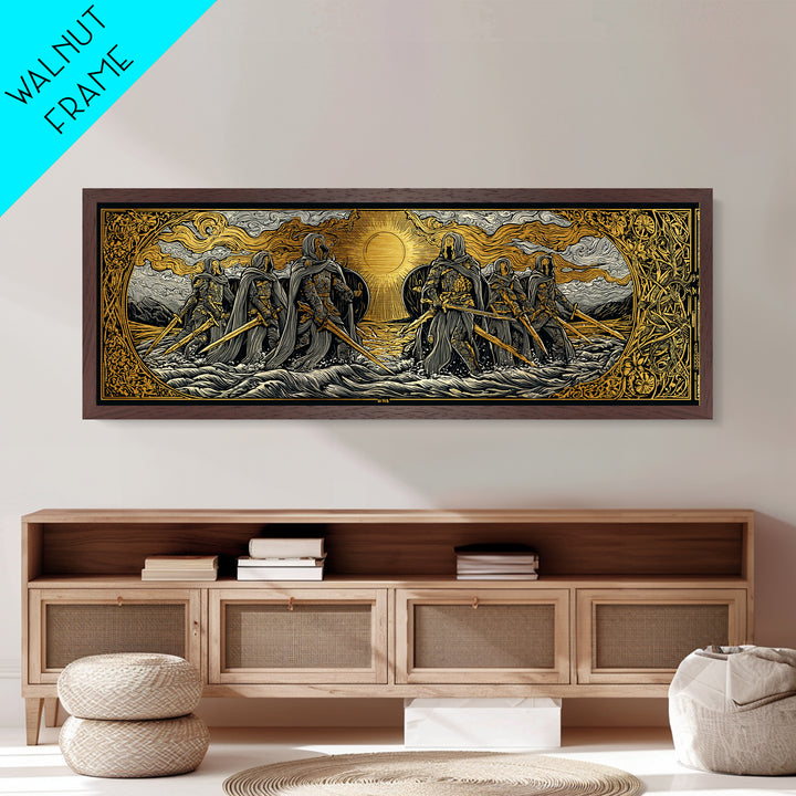 Norse Warriors Metallic Gold Art Metal Art | Viking Battle Scene Wall Decor framed in natural wood | Man Cave or Office Gift