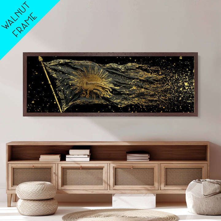 Nordic Battle Scene Metallic Gold Art Metal Art – Norse Mythology Warrior Office Wall Decor Dad Gift, handcrafted real wood frame