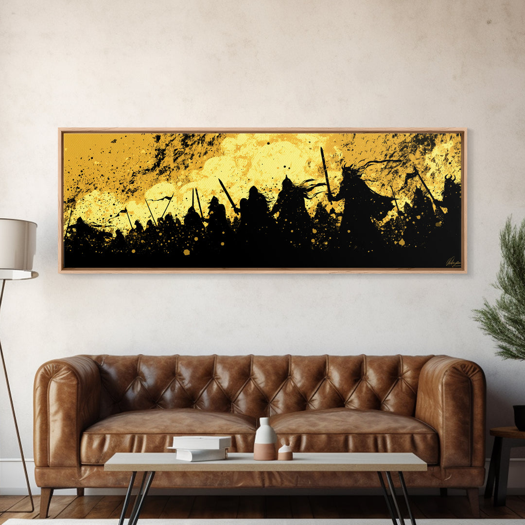 Canvas Gold Art of Nordic Warriors Canvas Art | Viking Army Wall Decor with real wood frame | Mythology Inspired Dad Gift