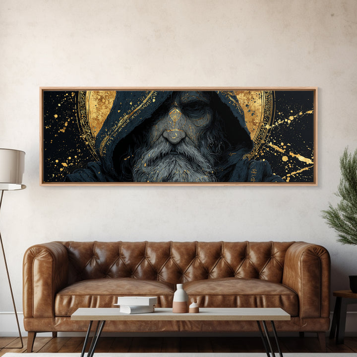 Canvas Gold Art of Odin Canvas Art | Viking God Wall Hanging framed in natural wood | Nordic Decor Gift for Men or Fathers