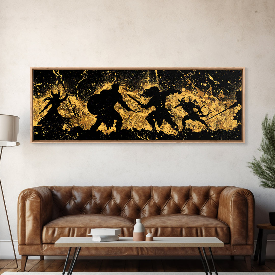 Ragnarok Nordic Myth Canvas Gold Art Canvas Art | Epic Viking Battle Scene Wall Decor with real wood frame | Office or Den Art