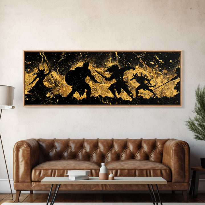 Ragnarok Nordic Myth Canvas Gold Art Canvas Art | Epic Viking Battle Scene Wall Decor with real wood frame | Office or Den Art