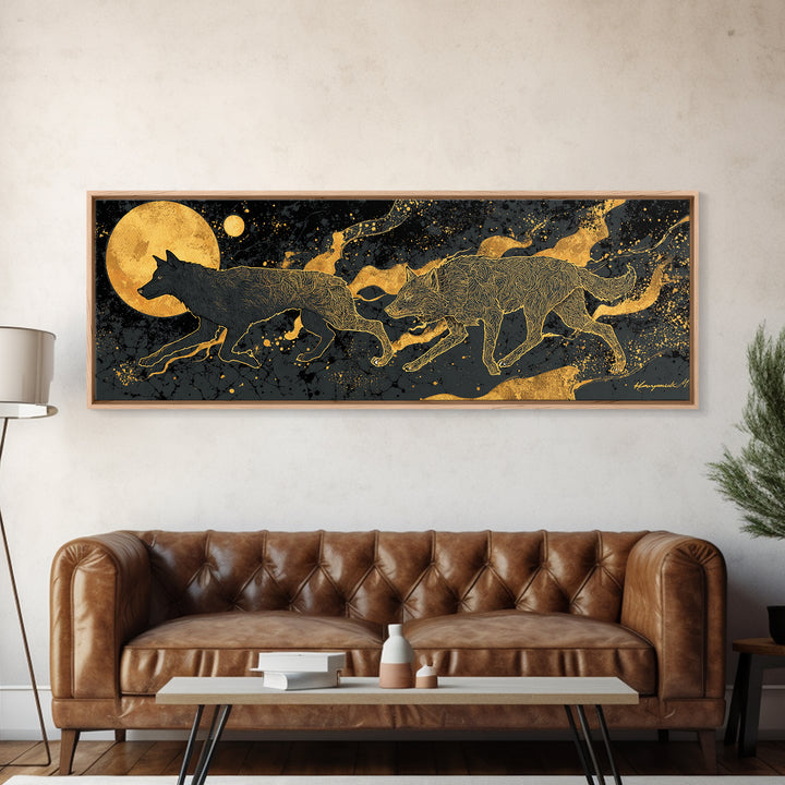 Sköll Wolf Canvas Gold Art Canvas Art | Norse Mythology Wolf of Ragnarok framed in wood | Nordic Decor for Man Cave or Office