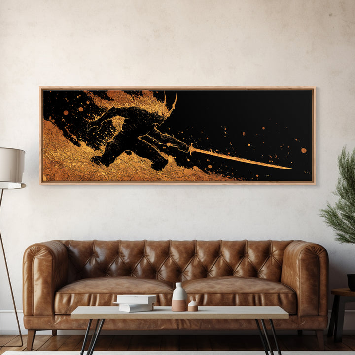 Canvas Gold Art Surtur Canvas Art | Norse Fire Giant Ragnarok Wall Decor framed in natural wood | Nordic Man Cave Office Gift