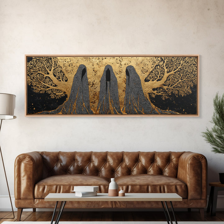 Nordic Norns Destiny Goddesses Canvas Gold Art Canvas Art for Viking Office Decor or Dad Gift, with authentic real wood frame