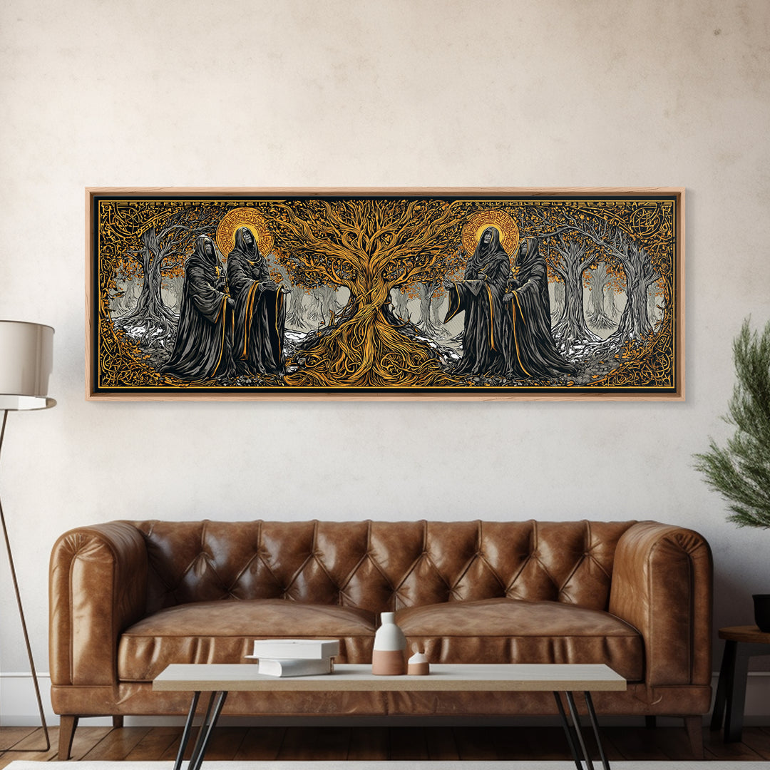 The Norns Canvas Gold Art Norse Mythology Canvas Art Wall Decor for Man Cave or Office, framed in handcrafted real wood
