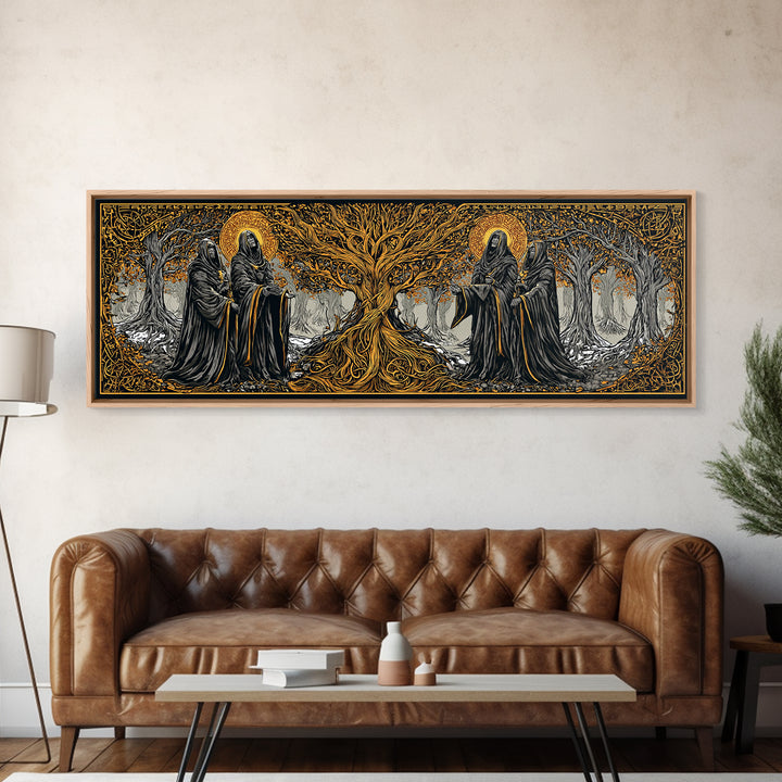 The Norns Canvas Gold Art Norse Mythology Canvas Art Wall Decor for Man Cave or Office, framed in handcrafted real wood