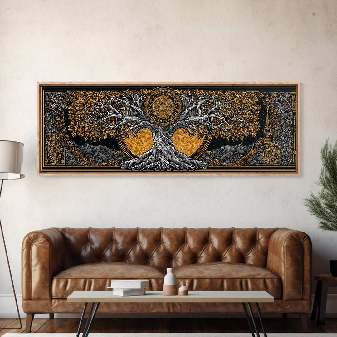 Yggdrasil Cosmic World Tree Canvas Gold Art Canvas Art Norse Decor for Man Cave or Dad Gift, with rustic real wood framing
