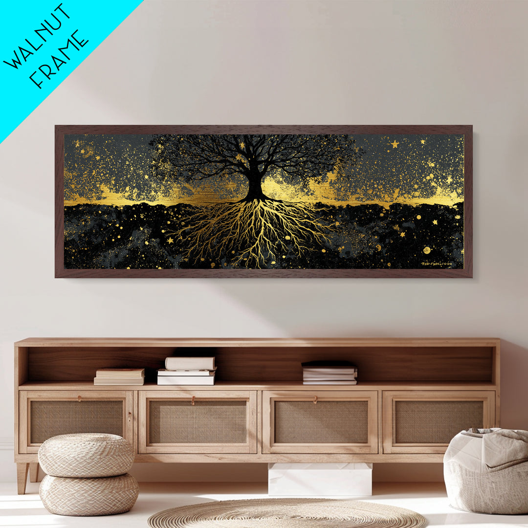 Nordic Tree of Life Yggdrasil Metallic Gold Art Metal Art Norse Mythology Wall Decor, handcrafted in a premium real wood frame