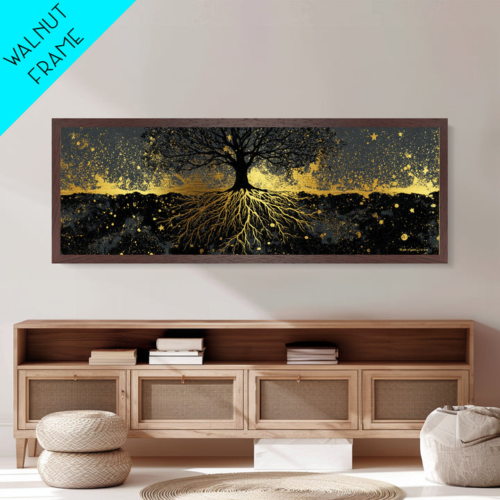 Nordic Tree of Life Yggdrasil Metallic Gold Art Metal Art Norse Mythology Wall Decor, handcrafted in a premium real wood frame