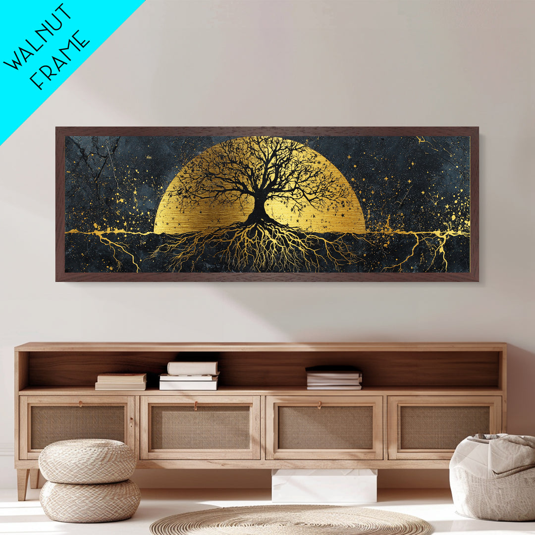 The World Tree Norse Yggdrasil Metallic Gold Art Metal Art Cosmic Wall Decor for Office or Man Cave, framed in natural wood