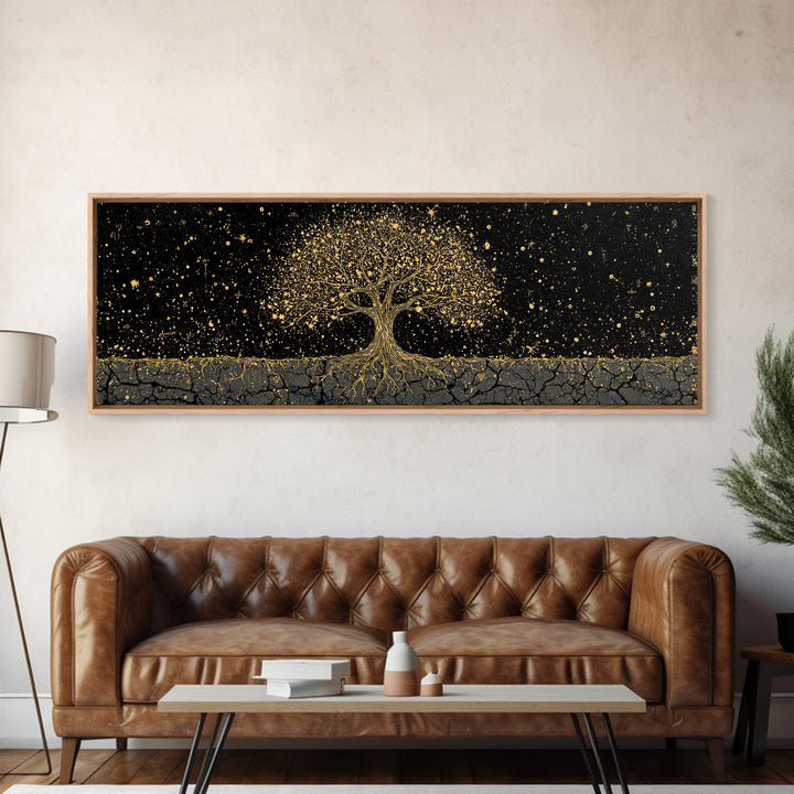 The World Tree Yggdrasil Canvas Gold Art Canvas Art Norse Mythology Wall Decor for Men’s Office, framed in solid natural wood