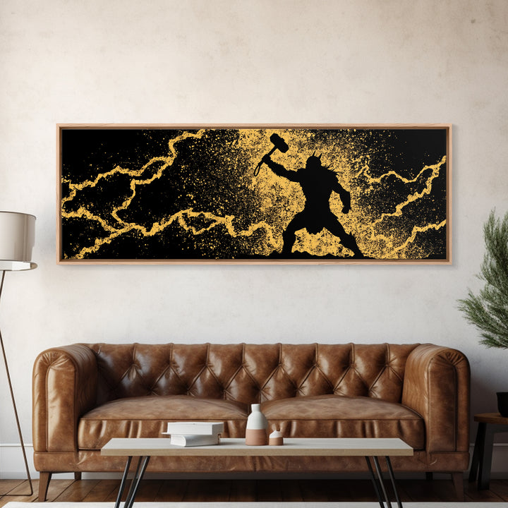 Nordic Thor with Mjolnir Canvas Gold Art Canvas Art Norse Mythology Wall Decor for Men’s Office, set in a real wood frame