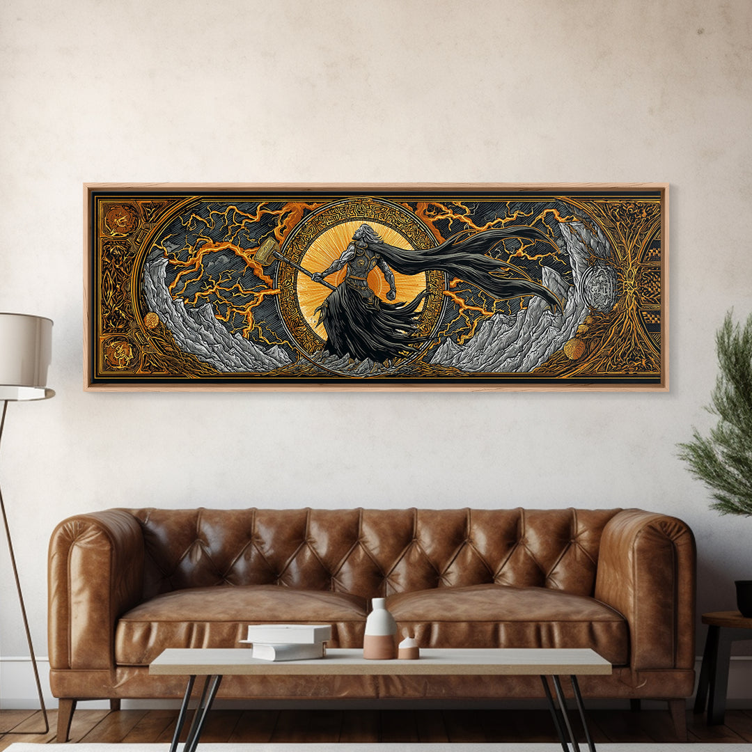 Thor God of Thunder Canvas Gold Art Canvas Art Viking Wall Decor Norse Mythology Decor, with natural handcrafted wood framing