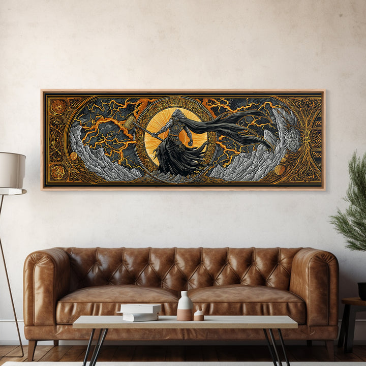 Thor God of Thunder Canvas Gold Art Canvas Art Viking Wall Decor Norse Mythology Decor, with natural handcrafted wood framing