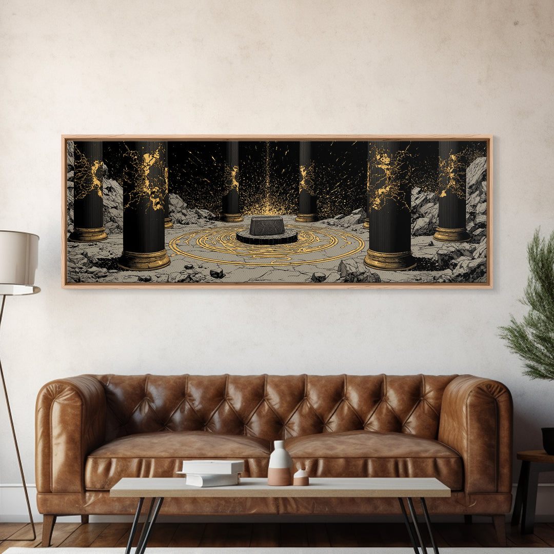 Thor Norse God Canvas Gold Art Canvas Art Viking Wall Decor for Man Cave or Dad Gift, framed in durable handcrafted real wood