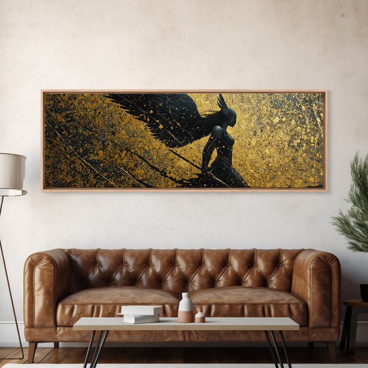 Valkyrie Warrior Canvas Gold Art Nordic Mythology Canvas Art, Office Wall Decor framed in natural wood, Viking Dad Gift