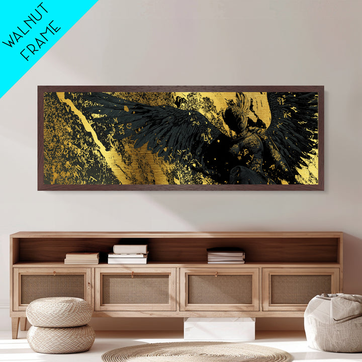 Nordic Valkyrie Metallic Gold Art Metal Art with Mythology Design, Man Cave Wall Decor in real wood frame, Norse Office Gift