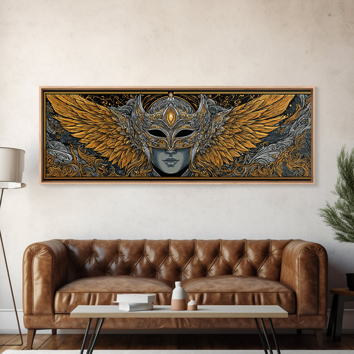 Valkyries Battle Canvas Gold Art Nordic Mythology Canvas Art, Norse Office Decor with natural wood frame, Viking Dad Gift