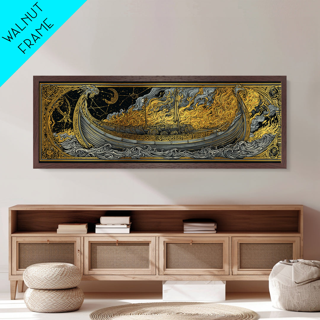 Norse Viking Longship Metallic Gold Art Metal Art, Mythology Office Wall Decor with real wood frame, Unique Gift for Men