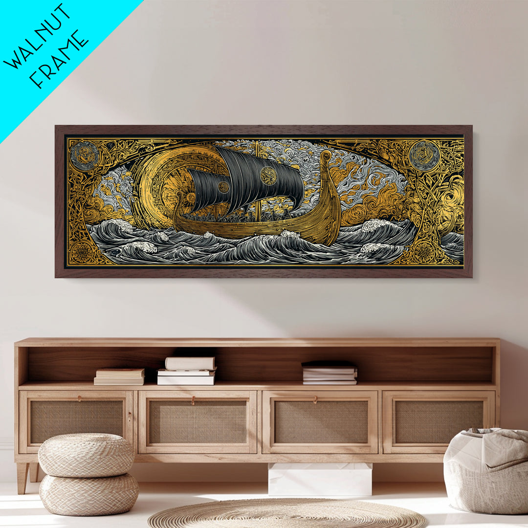 Nordic Viking Helmet Metallic Gold Art Metal Art, Man Cave Decor in natural wood frame, Mythology Wall Art Office Gift