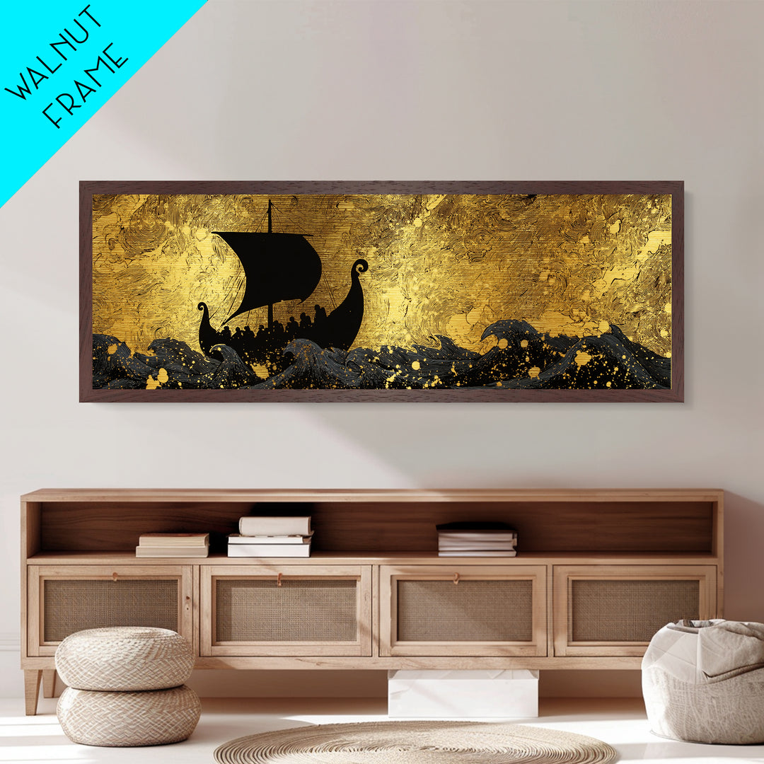 Viking Funerary Ship Metallic Gold Art Norse Mythology Metal Art, Office Wall Decor framed in real wood, Dad Gift Man Cave