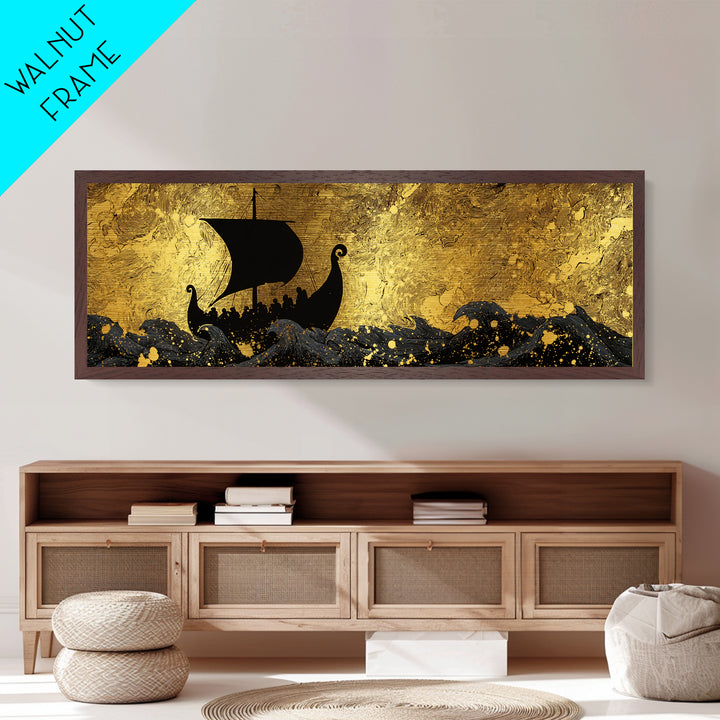 Viking Funerary Ship Metallic Gold Art Norse Mythology Metal Art, Office Wall Decor framed in real wood, Dad Gift Man Cave