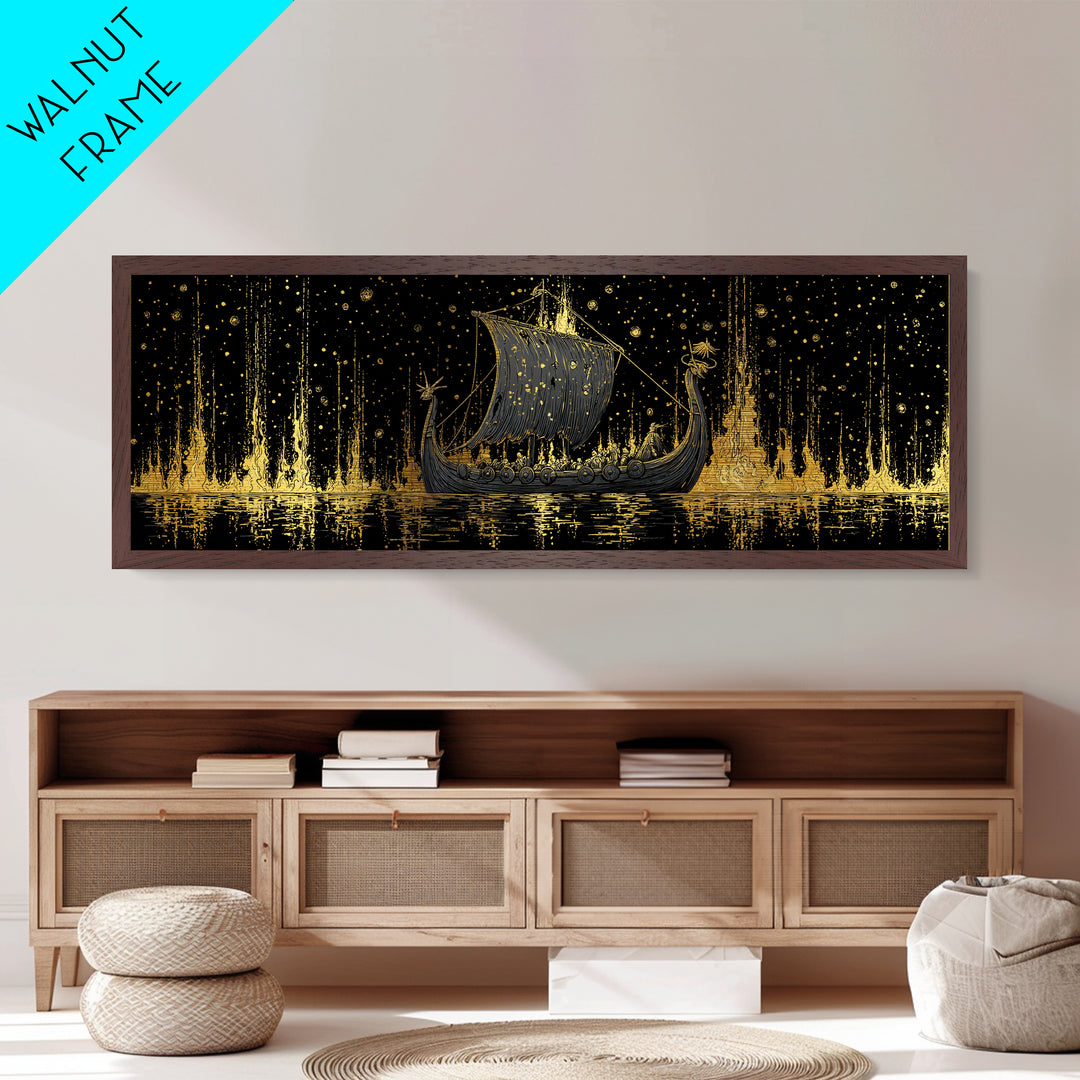 Nordic Viking Warriors Metallic Gold Art Metal Art, Mythology Office Wall Hanging in natural wood frame, Gift for Him Decor