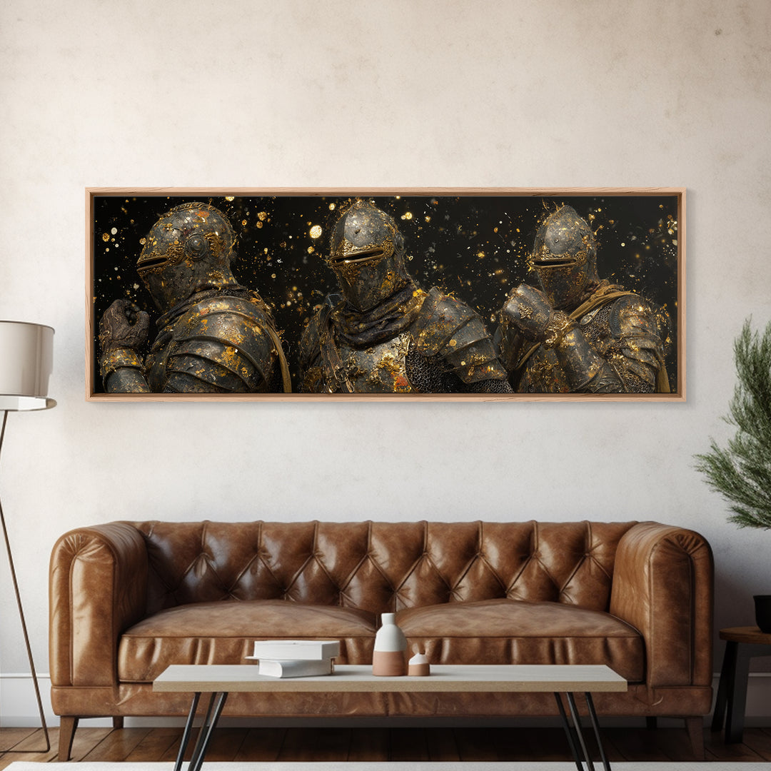 Viking Ship Canvas Gold Art Norse Mythology Canvas Art, Office Wall Decor framed in natural wood, Man Cave Gift for Him