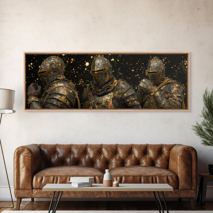 Viking Ship Canvas Gold Art Norse Mythology Canvas Art, Office Wall Decor framed in natural wood, Man Cave Gift for Him