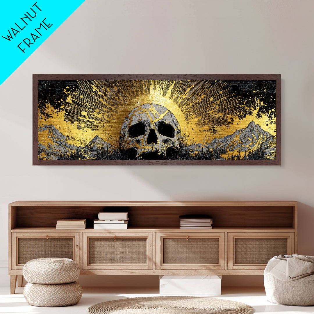 Nordic Mythology Metallic Gold Art, Ymir Skull Landscape Metal Art with Natural Wood Frame, Viking Man Cave Wall Decor