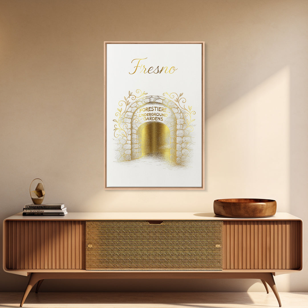 Fresno Travel Poster, Framed Canvas Print, Gold Outline Poster Art, Fresno Poster Print, Mid Century Wall Art, Gift For Travelers