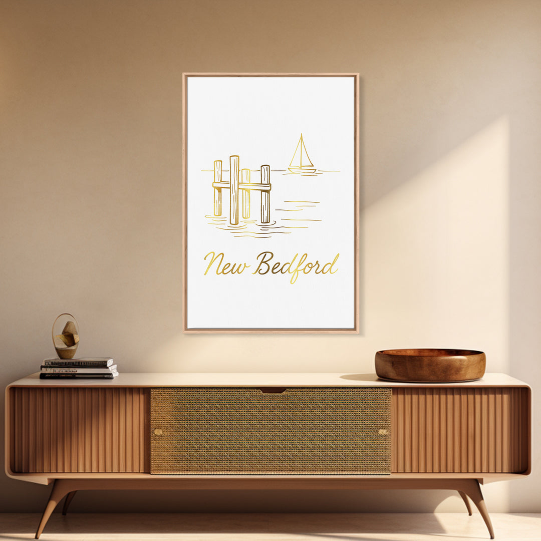 New Bedford Travel Poster, Framed Canvas Print, Minimalist Gold Line Art, New Bedford Travel Art, Living Room Wall Art, Modern Wall Decor