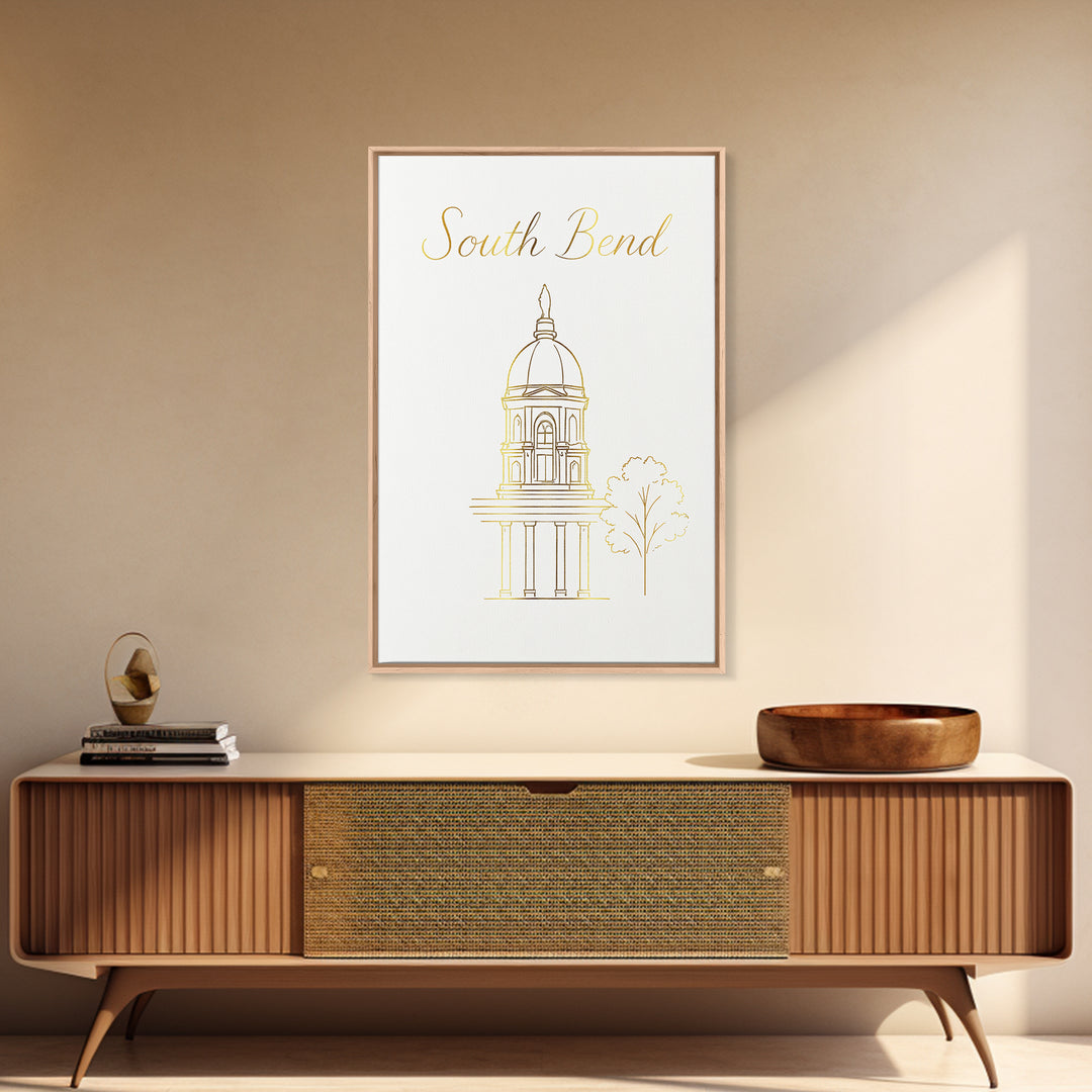 South Bend Travel Poster, Framed Canvas Print, Clean Sketch Wall Art, South Bend City Art, Vintage City Art, Vintage Travel Art