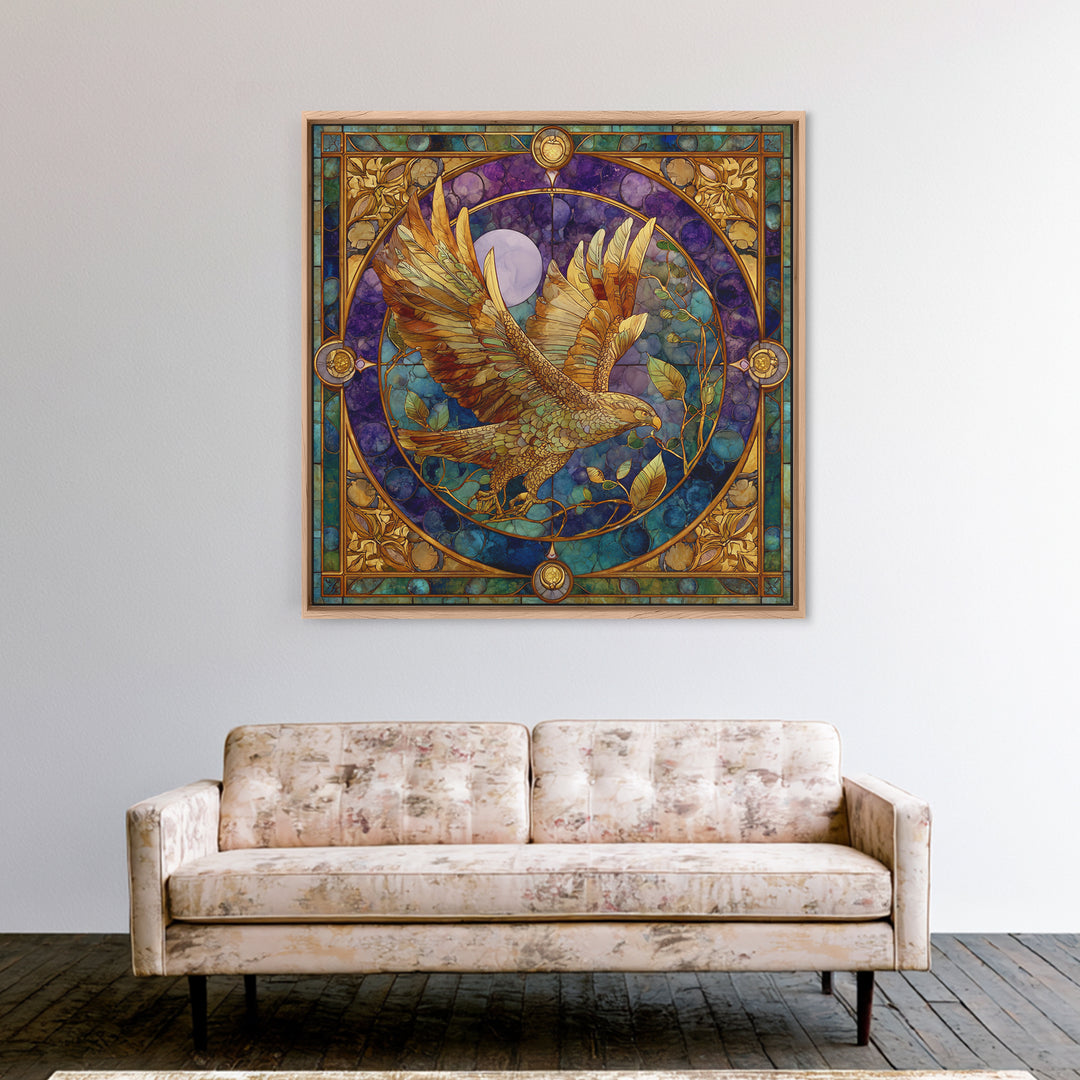 Icarus Falling Through Golden Sky and Feathers Framed Canvas Print, Mythological Art, Print, Living Room Decor, Oil Painting, MYT-1x1-28