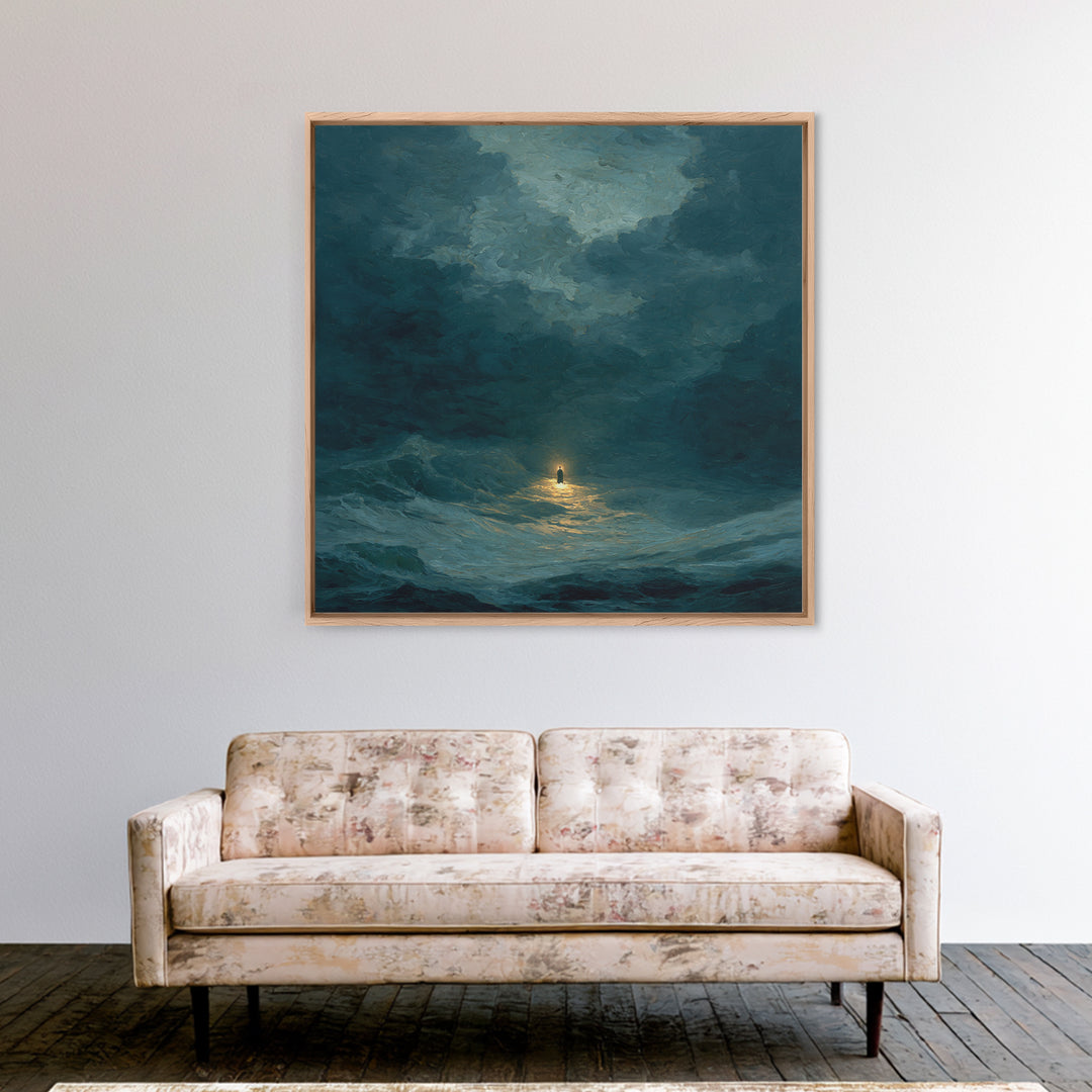 Poseidon Figure Rising from Stormy Ocean Framed Canvas Print, Mythological Art, Canvas Painting, Living Room Decor, MYT-1x1-51
