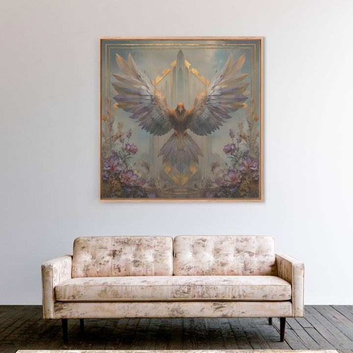 Icarus Falling Through Golden Sky and Feathers Framed Canvas Print, Mythological Art, Living Room Decor, Fine Art, Legend, MYT-1x1-52