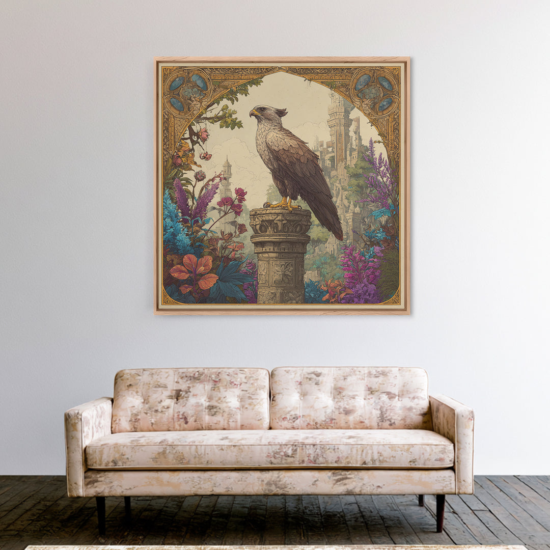 Griffin Perched on Ancient Stone Column Canvas Print, Mythological Art, Neutral Decor, Living Room Decor, Fine Art, Legend, MYT-1x1-86